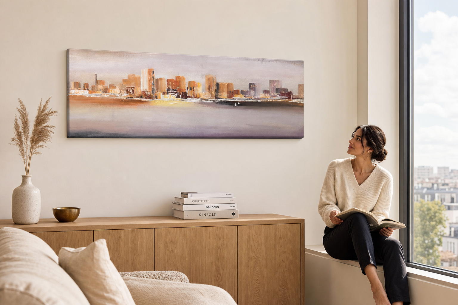 Oslikana slika za zid GRAD 120x40 cm – ručno oslikana slika u elegantnom interijeru (Window reading) | wall mockup | premium platno | Papilora.sk