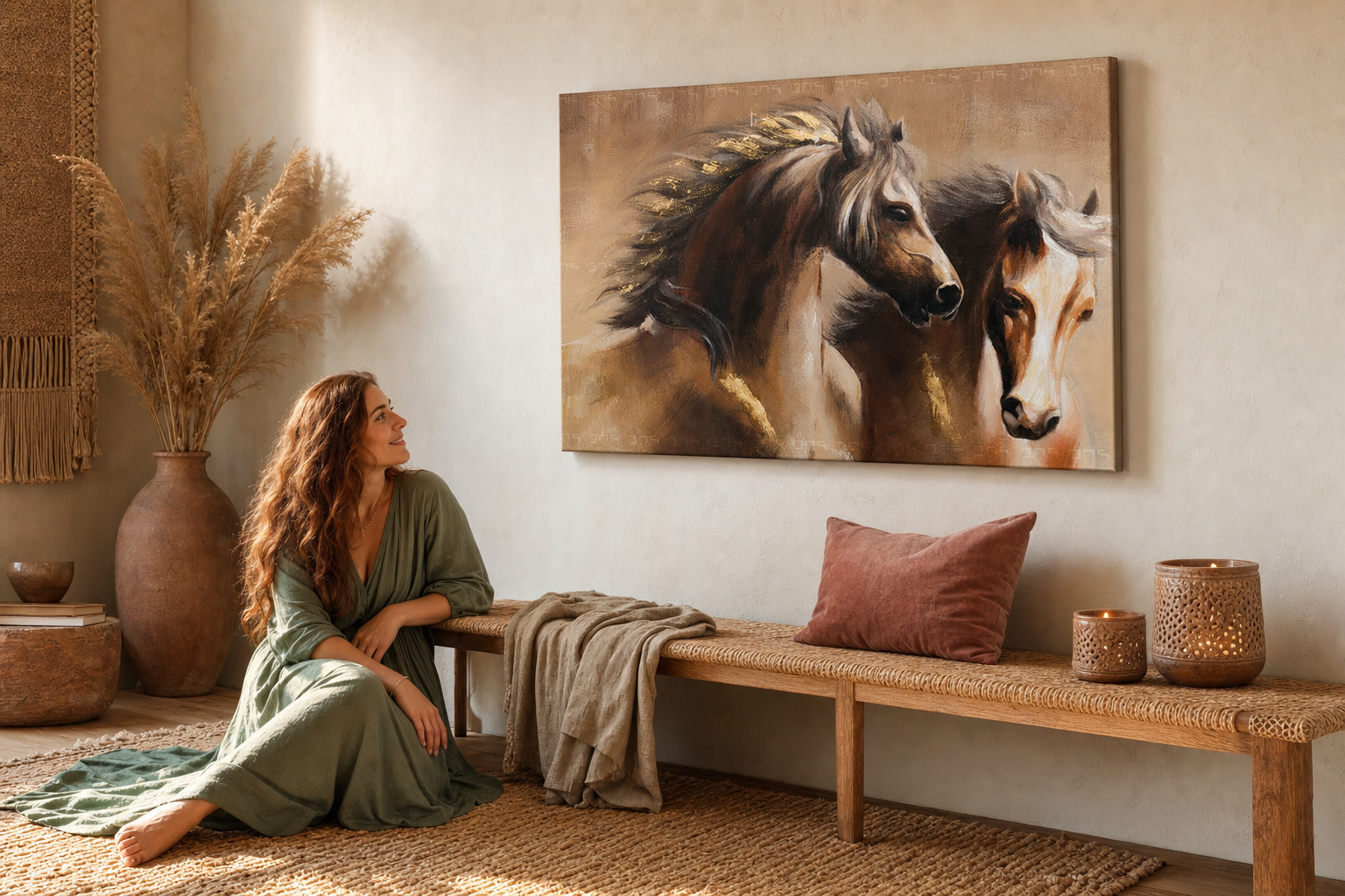 Oslikana slika za zid KONJI 90x60 cm – ručno oslikana slika u elegantnom interijeru (Bohemian warm) | wall mockup | premium platno | Papilora.sk