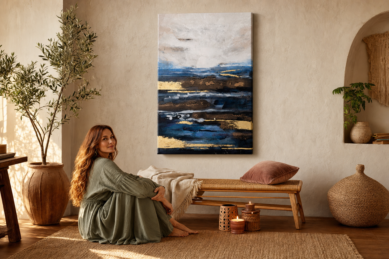 Oslikana slika na zidu KRAJOLIK 60x90 cm – ručno oslikana slika u elegantnom interijeru (Bohemian warm) | wall mockup | premium canvas | Papilora.sk