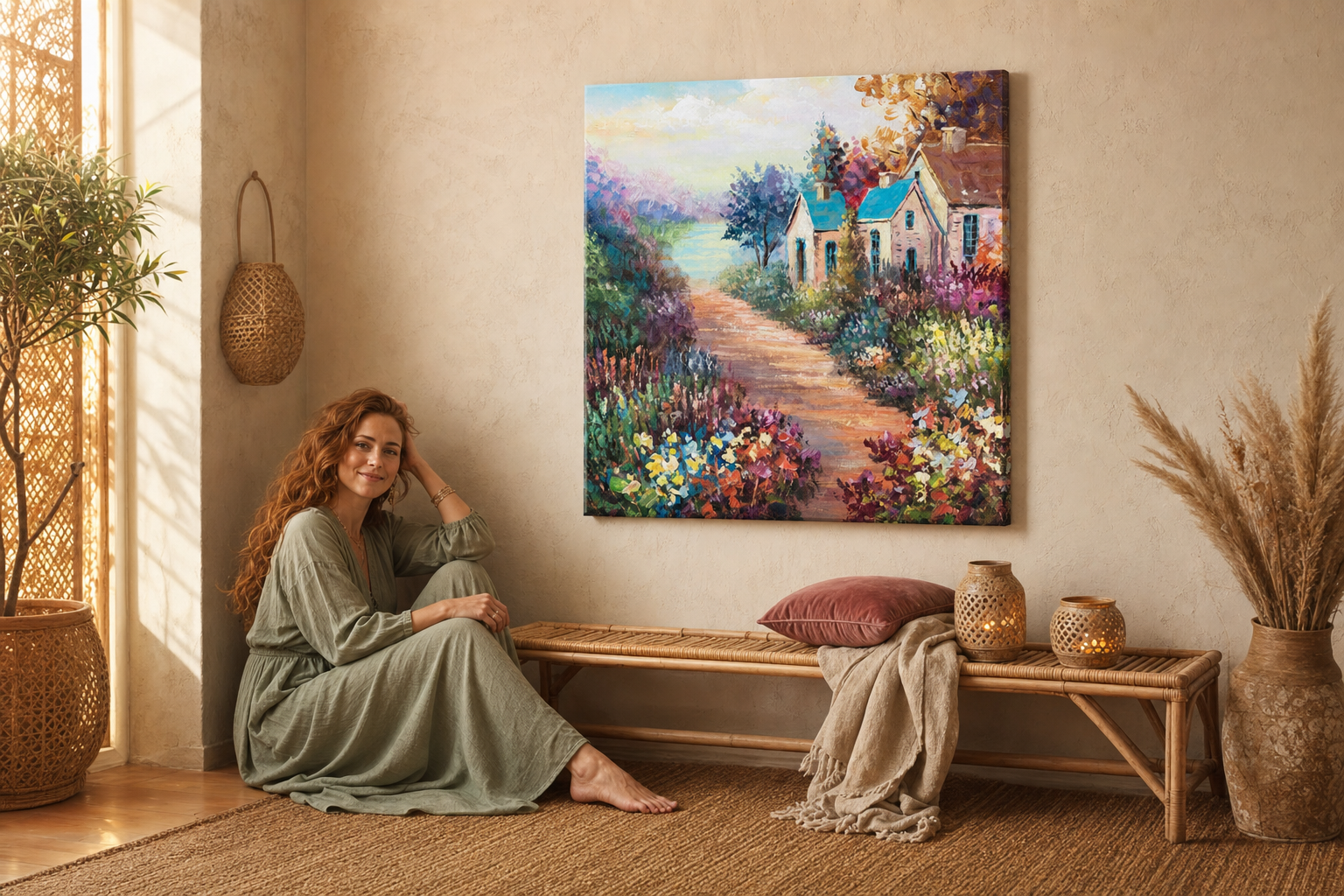 Oslikana slika za zid KRAJOLIK 70x70 cm – ručno oslikana slika u elegantnom interijeru (Bohemian warm) | wall mockup | premium platno | Papilora.sk