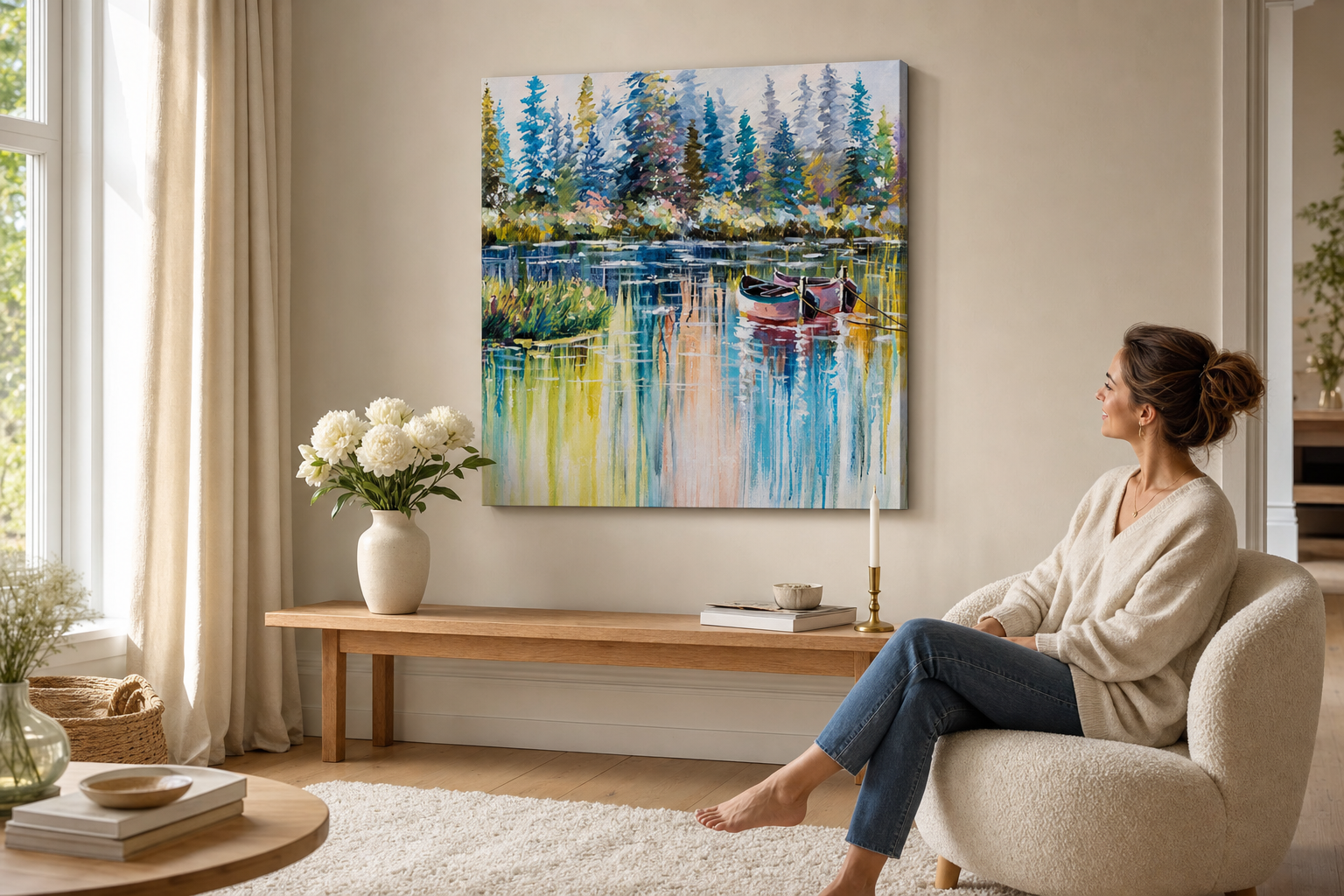 Oslikana slika za zid KRAJOLIK 60x60 cm – ručno oslikana slika u elegantnom interijeru (Scandi cream) | wall mockup | premium canvas | Papilora.sk