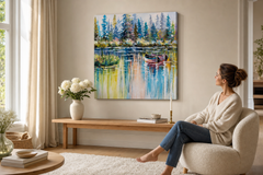 Oslikana slika za zid KRAJOLIK 60x60 cm – ručno oslikana slika u elegantnom interijeru (Scandi cream) | wall mockup | premium canvas | Papilora.sk