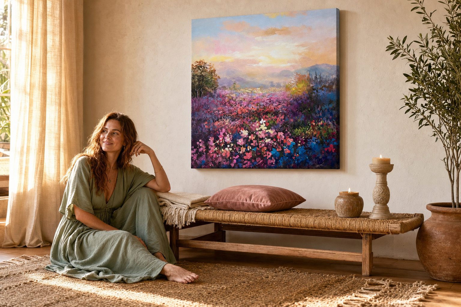 Oslikana slika za zid KRAJOLIK 70x70 cm – ručno oslikana slika u elegantnom interijeru (Bohemian warm) | wall mockup | premium platno | Papilora.sk