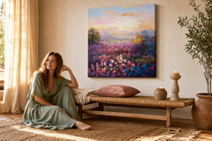 Oslikana slika za zid KRAJOLIK 70x70 cm – ručno oslikana slika u elegantnom interijeru (Bohemian warm) | wall mockup | premium platno | Papilora.sk