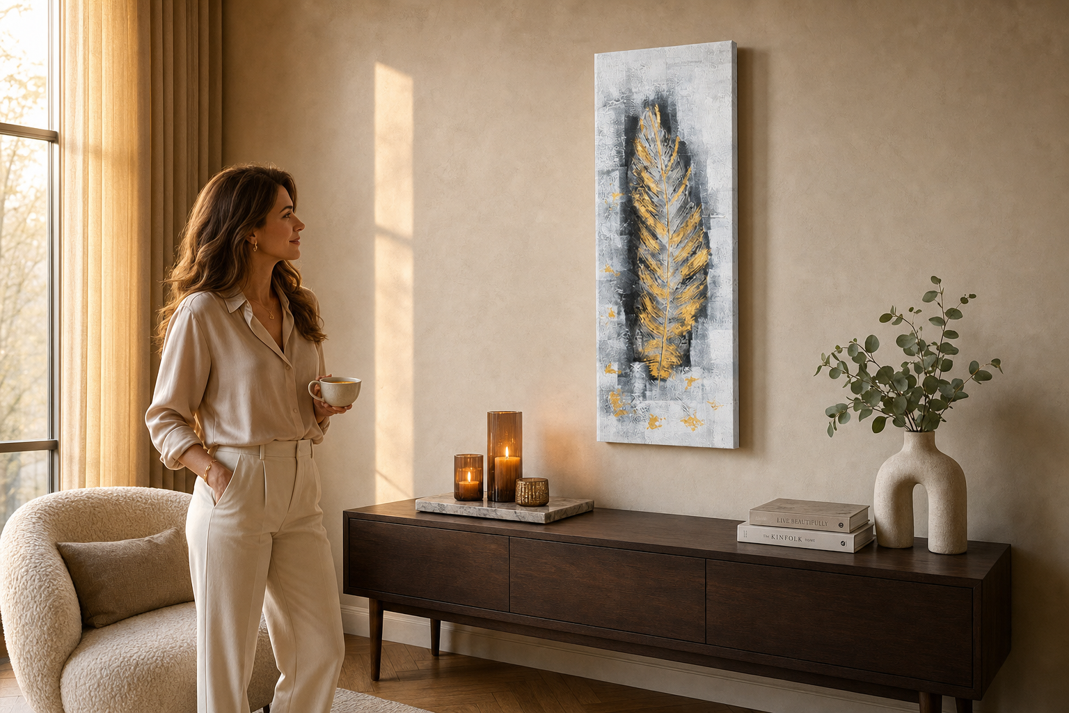 Oslikana slika za zid LIST 40x120 cm – ručno oslikana slika u elegantnom interijeru (Golden hour luxe) | wall mockup | premium platno | Papilora.sk