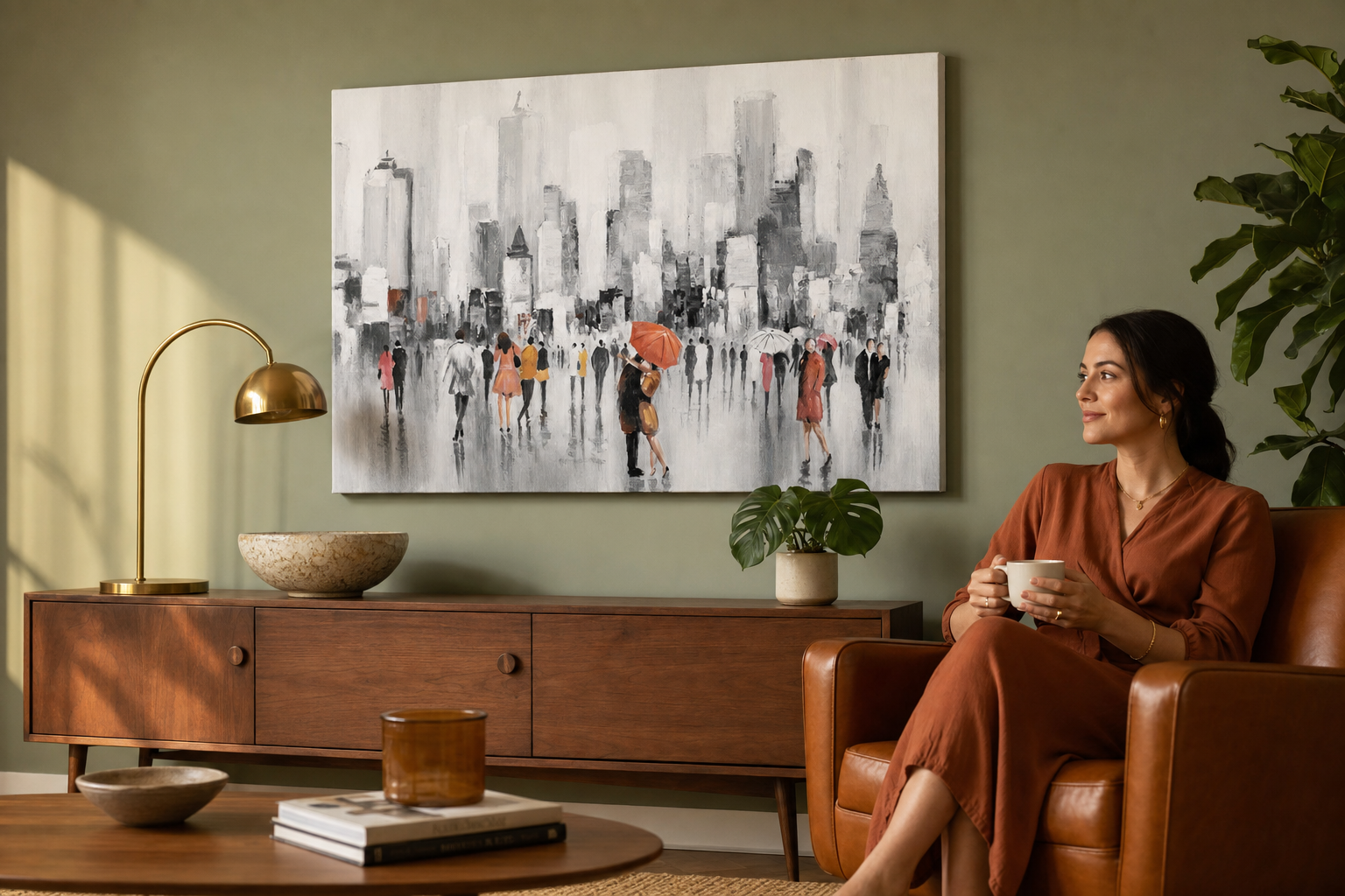 Oslikana slika za zid LJUDI 120x80 cm – ručno oslikana slika u elegantnom interijeru (Mid-century warm) | wall mockup | premium platno | Papilora.sk