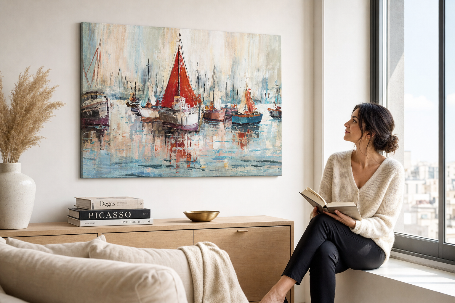 Oslikana slika za zid BRODOVI 70x50 cm – ručno oslikana slika u elegantnom interijeru (Window reading) | wall mockup | premium platno | Papilora.sk