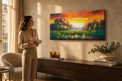 Oslikana slika za zid LIVADA 100x50 cm – ručno oslikana slika u elegantnom interijeru (Golden hour luxe) | wall mockup | premium canvas | Papilora.sk