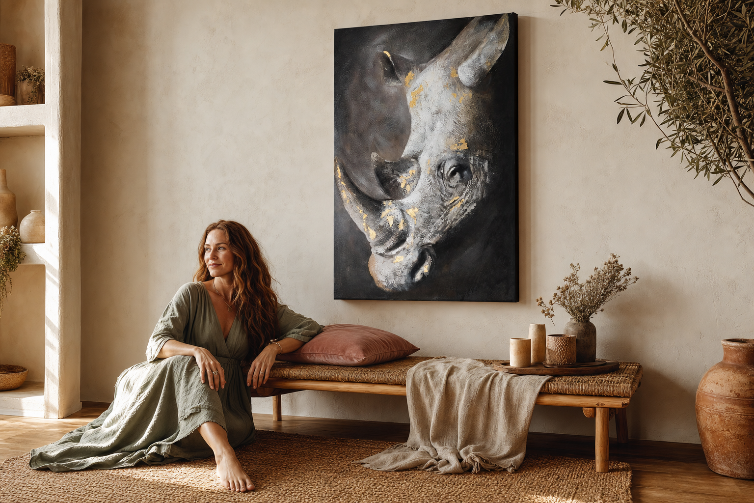 Oslikana slika za zid NOSOROG 80x120 cm – ručno oslikana slika u elegantnom interijeru (Bohemian warm) | wall mockup | premium platno | Papilora.sk
