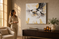 Oslikana slika na zidu ORAO 60x60 cm – ručno oslikana slika u elegantnom interijeru (Golden hour luxe) | wall mockup | premium canvas | Papilora.sk
