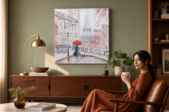 Oslikana slika na zidu PARIZ 70x70 cm – ručno oslikana slika u elegantnom interijeru (Mid-century warm) | wall mockup | premium canvas | Papilora.sk