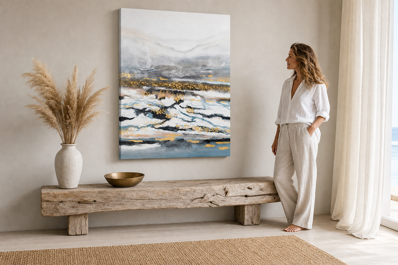 Oslikana slika na zidu PRIRODA 60x90 cm – ručno oslikana slika u elegantnom interijeru (Modern coastal) | wall mockup | premium canvas | Papilora.sk