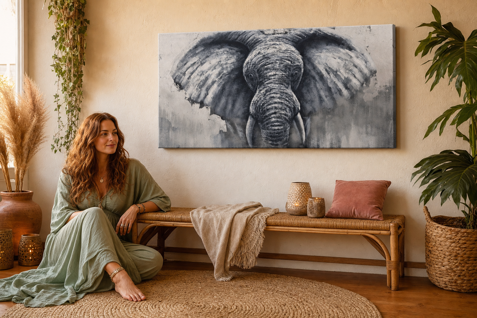 Oslikana slika za zid SLON 140x70 cm – ručno oslikana slika u elegantnom interijeru (Bohemian warm) | wall mockup | premium platno | Papilora.sk