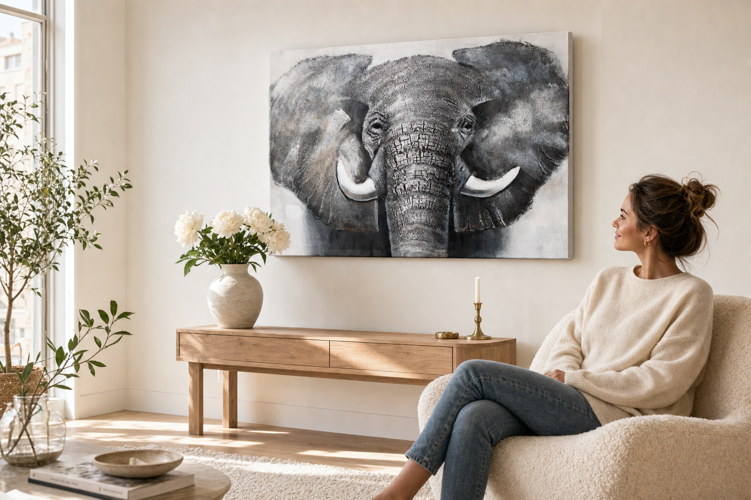 Oslikana slika za zid SLON 100x70 cm – ručno oslikana slika u elegantnom interijeru (Scandi cream) | wall mockup | premium platno | Papilora.sk
