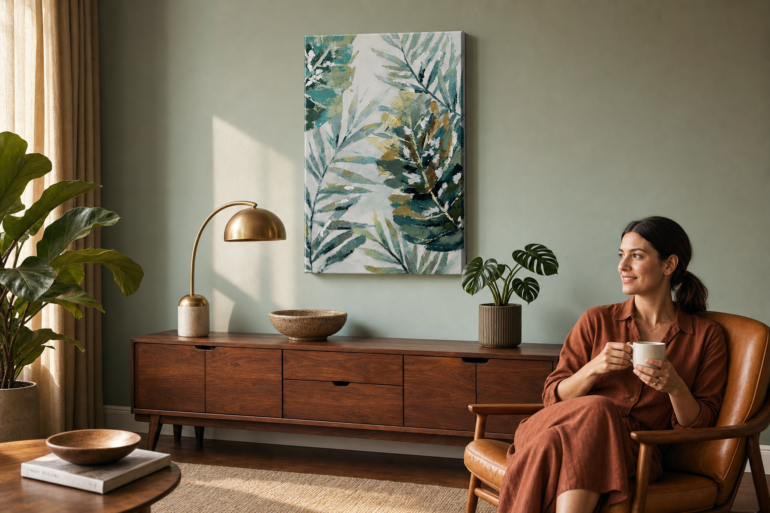 Oslikana slika na zidu LIŠĆE 60x90 cm – ručno oslikana slika u elegantnom interijeru (Mid-century warm) | wall mockup | premium canvas | Papilora.sk