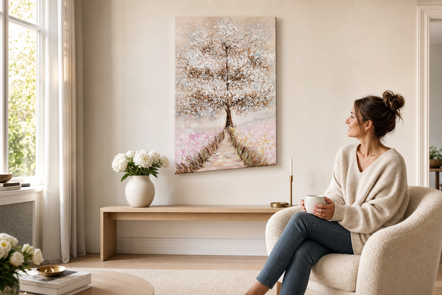 Oslikana slika na zidu STABLO 60x90 cm – ručno oslikana slika u elegantnom interijeru (Scandi cream) | wall mockup | premium canvas | Papilora.sk