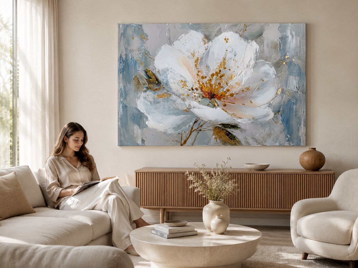 Elegantna ručno oslikana slika s motivom cvijeta, dimenzija 120x80 cm, savršeno uklopljena u suvremeni dnevni boravak iznad sofe, stvarajući opuštajuću atmosferu.