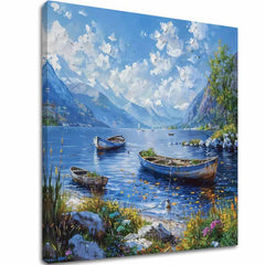 Slika na platnu s motivom planinski krajolik s jezerom i čamcima – 3D prikaz platna s vidljivim drvenim okvirom, Papilora.