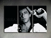 Ručno oslikana slika na platnu s motivom al pacino s pištoljem crno-bijelo – 3D prikaz platna s vidljivim drvenim okvirom, Papilora.