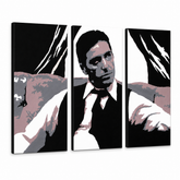 Ručno oslikana POP Art slika AL PACINO 3 dijela al11 – 3D vizualizacija ručno oslikanog platna na bijeloj pozadini. Dominantne boje: crna, siva, ružičasta, bijela, smeđa.