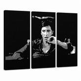Ručno oslikana POP Art slika AL PACINO 3 dijela al16 – 3D vizualizacija ručno oslikanog platna na bijeloj pozadini. Dominantne boje: crna, siva, bijela.