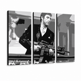 Ručno oslikana POP Art slika AL PACINO 3 dijela al2 – 3D vizualizacija ručno oslikanog platna na bijeloj pozadini. Dominantne boje: crna, siva, bijela.
