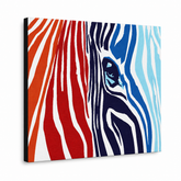 Ručno oslikana POP Art slika BOJE 1 komad zebra – 3D vizualizacija ručno oslikanog platna na bijeloj pozadini. Dominantne boje: crvena, oranzová, plava, bijela, crna.