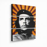Ručno oslikana POP Art slika Che Guevara od 3 dijela – 3D vizualizacija ručno oslikanog platna na bijeloj pozadini. Dominantne boje: žuta, crna, bijela, siva, narančasta.