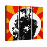 Ručno oslikana POP Art slika Clinta Eastwooda, 3 dijela, ce2 – 3D vizualizacija ručno oslikanog platna na bijeloj pozadini. Dominantne boje: crna, žuta, crvena, bijela.