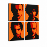 Ručno oslikana POP Art slika Coldplay 4 komada cp2 – 3D vizualizacija ručno oslikanog platna na bijeloj pozadini. Dominantne boje: crna, narančasta, crvena.
