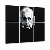 Ručno oslikana POP Art slika Einstein 6 dijelova Einstein – 3D vizualizacija ručno oslikanog platna na bijeloj pozadini. Dominantne boje: crna, bijela, siva.