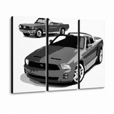 Ručno oslikana POP Art slika FORD MUSTANG 3 dijela fm2 – 3D vizualizacija ručno oslikanog platna na bijeloj pozadini. Dominantne boje: crna, bijela, siva.