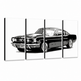 Ručno oslikana POP Art slika Ford Mustang fm iz 4 dijela – 3D vizualizacija ručno oslikanog platna na bijeloj pozadini. Dominantne boje: crna, siva, bijela.