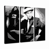 Ručno oslikana POP Art slika Frank Sinatra grijeh od 3 dijela – 3D vizualizacija ručno oslikanog platna na bijeloj pozadini. Dominantne boje: crna, bijela, siva.