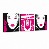 Ručno oslikana POP Art slika I-GIRL 3 dijela pw – 3D vizualizacija ručno oslikanog platna na bijeloj pozadini. Dominantne boje: ružičasta, crna, bijela, siva.