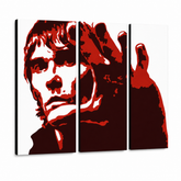 Ručno oslikana POP Art slika Ian Brown 3 dijela ib3 – 3D vizualizacija ručno oslikanog platna na bijeloj pozadini. Dominantne boje: crvena, crna, bijela.