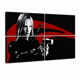 Ručno oslikana POP Art slika Kill Bill 4 dijela kb – 3D vizualizacija ručno oslikanog platna na bijeloj pozadini. Dominantne boje: crna, crvena, bijela.