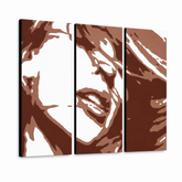Ručno oslikana POP Art slika Kylie Minogue, 3 dijela – 3D vizualizacija ručno oslikanog platna na bijeloj pozadini. Dominantne boje: smeđa, bijela, narančasta.