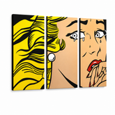 Ručno oslikana POP Art slika LICHTENSTEIN 3 dijela li3/x2 – 3D vizualizacija ručno oslikanog platna na bijeloj pozadini. Dominantne boje: žuta, crna, ružičasta.
