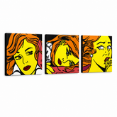 Ručno oslikana POP Art slika LICHTENSTEIN 3 dijela li7 – 3D vizualizacija ručno oslikanog platna na bijeloj pozadini. Dominantne boje: žuta, crna, narančasta.