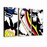 Ručno oslikana POP Art slika LICHTENSTEIN od 3 dijela – 3D vizualizacija ručno oslikanog platna na bijeloj pozadini. Dominantne boje: crna, žuta, crvena, plava, bijela.