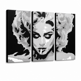 Ručno oslikana POP Art slika MADONNA od 3 dijela ma2 – 3D vizualizacija ručno oslikanog platna na bijeloj pozadini. Dominantne boje: crna, siva, bijela.