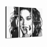 Ručno oslikana POP Art slika MADONNA od 3 dijela ma3 – 3D vizualizacija ručno oslikanog platna na bijeloj pozadini. Dominantne boje: crna, bijela, siva.