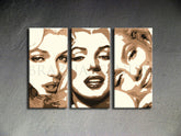 Ručno oslikana slika na platnu s motivom portreti marilyn monroe u smeđim tonovima – 3D prikaz platna s vidljivim drvenim okvirom, Papilora.