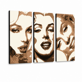 Ručno oslikana POP Art slika Marilyn MONROE od 3 dijela mon1 – 3D vizualizacija ručno oslikanog platna na bijeloj pozadini. Dominantne boje: bež, smeđa, crna.