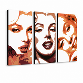 Ručno oslikana POP Art slika Marilyn Monroe od 3 dijela mon2 – 3D vizualizacija ručno oslikanog platna na bijeloj pozadini. Dominantne boje: narančasta, smeđa, bijela.