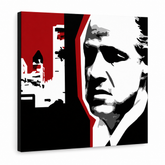 Ručno oslikana POP Art slika Marlon Brando 1 komad mb8 – 3D vizualizacija ručno oslikanog platna na bijeloj pozadini. Dominantne boje: crna, bijela, crvena.