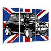 Ručno oslikana POP Art slika MINI COOPER 3 dijela mini2 – 3D vizualizacija ručno oslikanog platna na bijeloj pozadini. Dominantne boje: crna, plava, bijela.