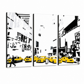 Ručno oslikana POP Art slika NEW YORK 3 dijela 0107 nyc – 3D vizualizacija ručno oslikanog platna na bijeloj pozadini. Dominantne boje: žuta, crna, bijela.