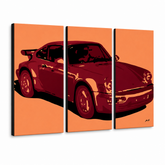 Ručno oslikana POP Art slika PORSCHE 911, 3 dijela, por – 3D vizualizacija ručno oslikanog platna na bijeloj pozadini. Dominantne boje: narančasta, crvena, crna.